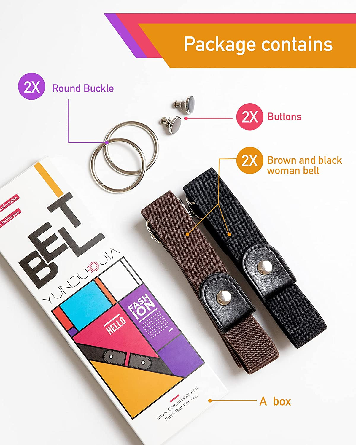 No Buckle Comfortable Elastic Stretch Belts for Womens, Black Elastic Waist Adjustable Invisible Belts for Jeans Pants（2 Sets） Apparel & Accessories > Clothing Accessories > Belts YUNDUOJIA   