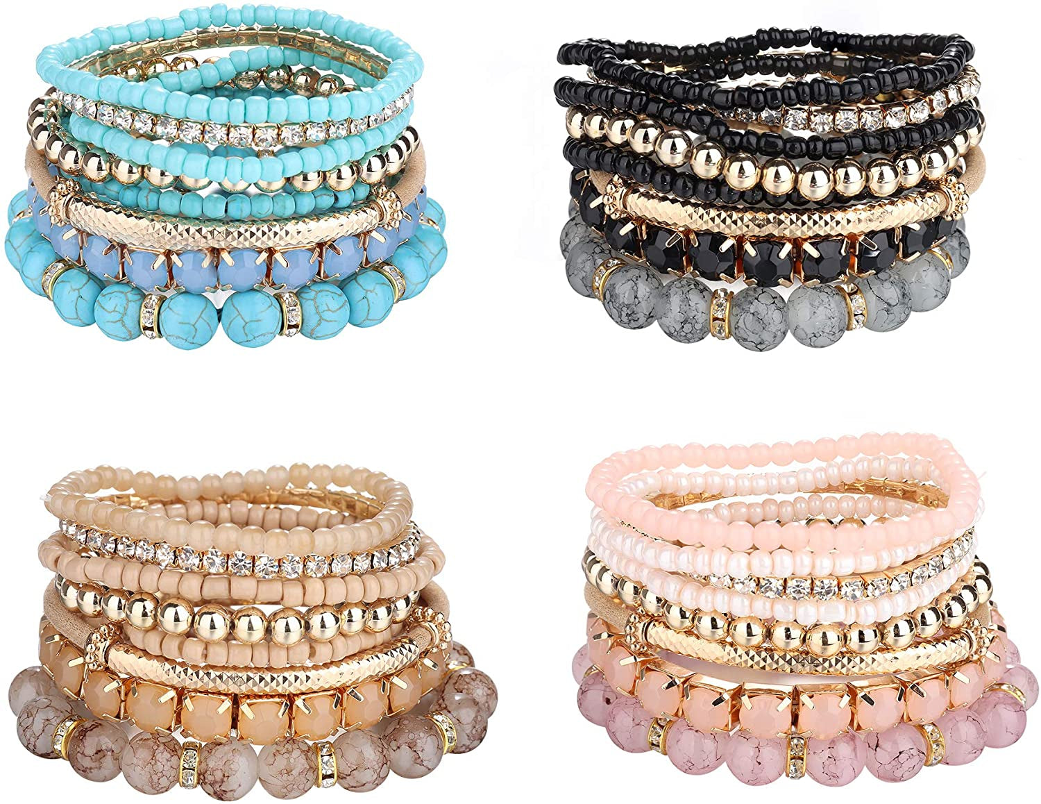 SAILIMUE 4-6 Sets Bohemian Stackable Bead Bracelets for Women Multicolor Stretch Beaded Bracelets Layered Bead Adjustable Bracelet Pink Black Turquoise Stretch Bracelets Apparel & Accessories > Jewelry > Bracelets sailimue A. 4 Sets Bead Bracelets  