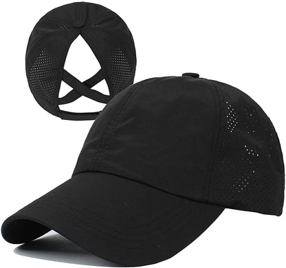 HGGE Womens Criss Cross Ponytail Baseball Cap Adjustable High Messy Bun Ponycap Quick Drying Hat Apparel & Accessories > Clothing Accessories > Hats HGGE Black  