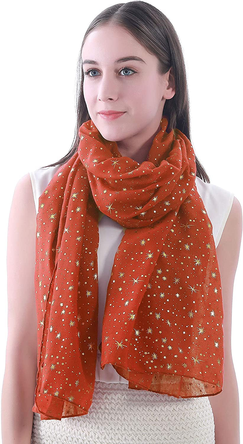 Lina & Lily Silver Gold Glitters Shimmer Foil Stars Women Scarf Shawl Wrap Apparel & Accessories > Clothing Accessories > Scarves & Shawls Lina & Lily Orange (Gold Stars)  