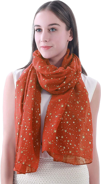 Lina & Lily Silver Gold Glitters Shimmer Foil Stars Women Scarf Shawl Wrap Apparel & Accessories > Clothing Accessories > Scarves & Shawls Lina & Lily Orange (Gold Stars)  