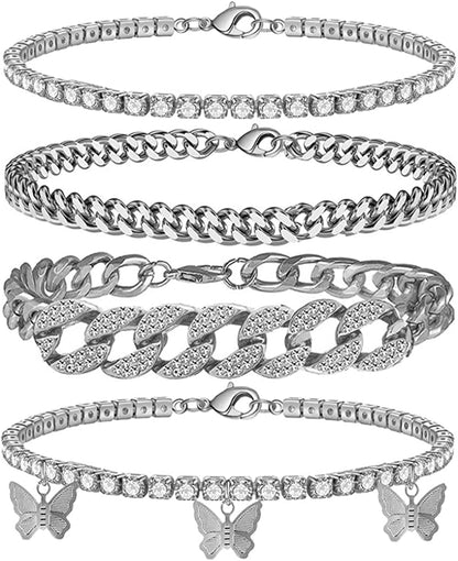 Ronglry 5Pcs Gold Ankle Bracelets for Women Girls Cuban Link Ankle Bracelet Cuban Chain Anklet Butterfly Anklet Set Rhinestone Tennis Anklet Adjustable Layered Link Anklets Summer Beach Gifts Apparel & Accessories > Jewelry > Anklets Ronglry 4pcs-silver  
