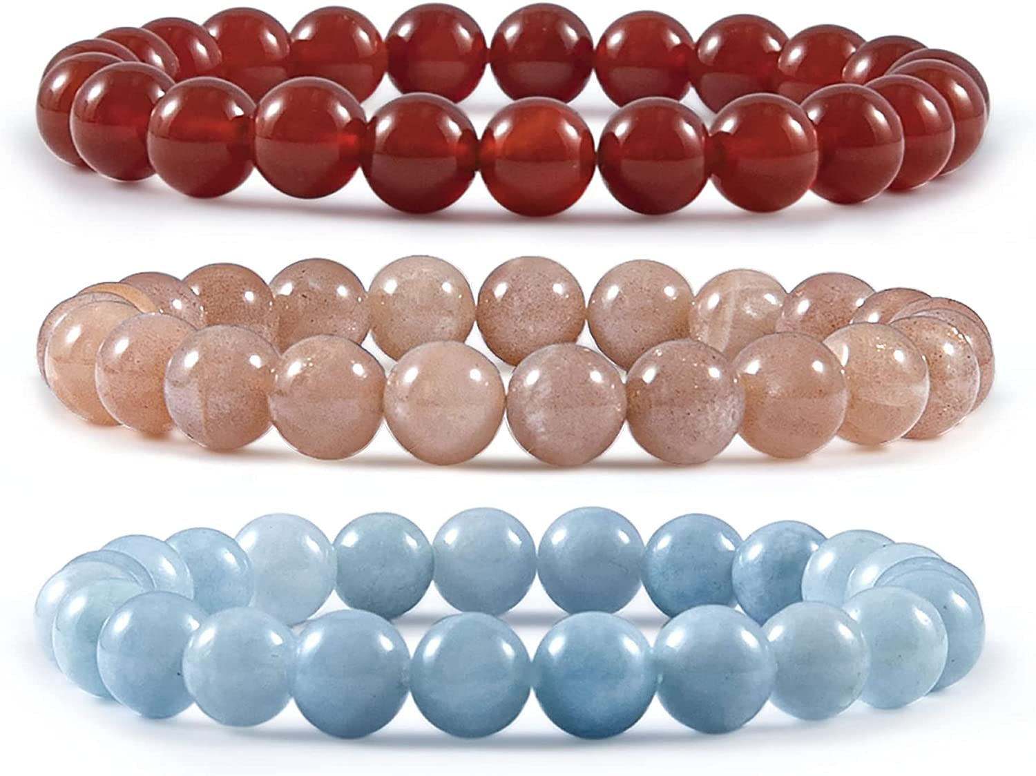 Bivei Natural Gem Semi Precious Reiki Healing Crystals Handmade 8Mm round Beads Stretch Bracelet Apparel & Accessories > Jewelry > Bracelets Bivei 3PCS SET(Red Agate+Sunstone+Aquamarine)  
