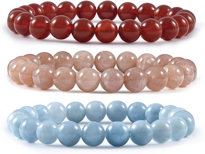 Bivei Natural Gem Semi Precious Reiki Healing Crystals Handmade 8Mm round Beads Stretch Bracelet Apparel & Accessories > Jewelry > Bracelets Bivei 3PCS SET(Red Agate+Sunstone+Aquamarine)  