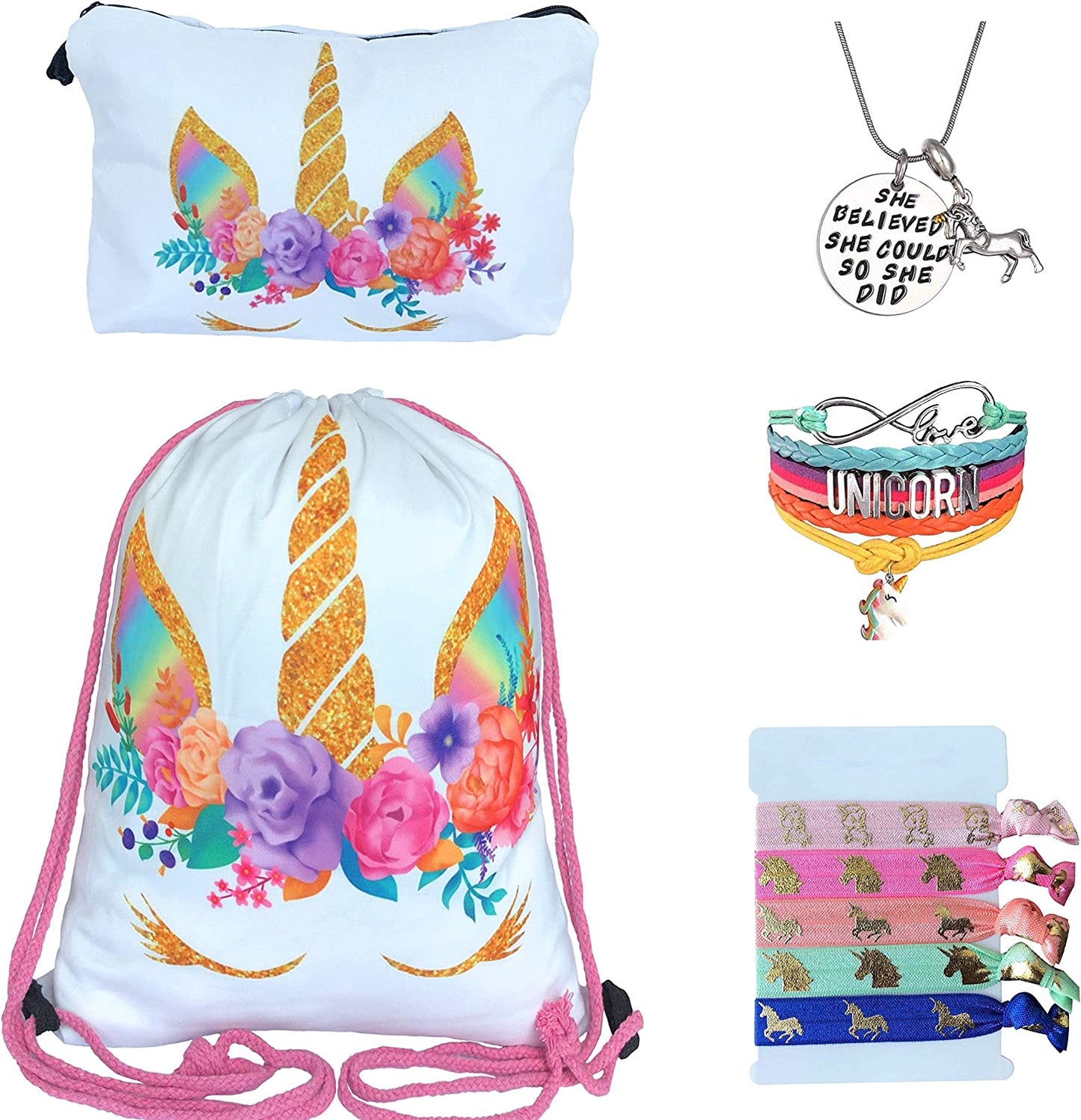 Unicorn Gifts for Girls - Unicorn Drawstring Backpack/Makeup Bag/Bracelet/Inspirational Necklace/Hair Ties (Flower Unicorn) Apparel & Accessories > Jewelry > Bracelets Doctor Unicorn White Rose  