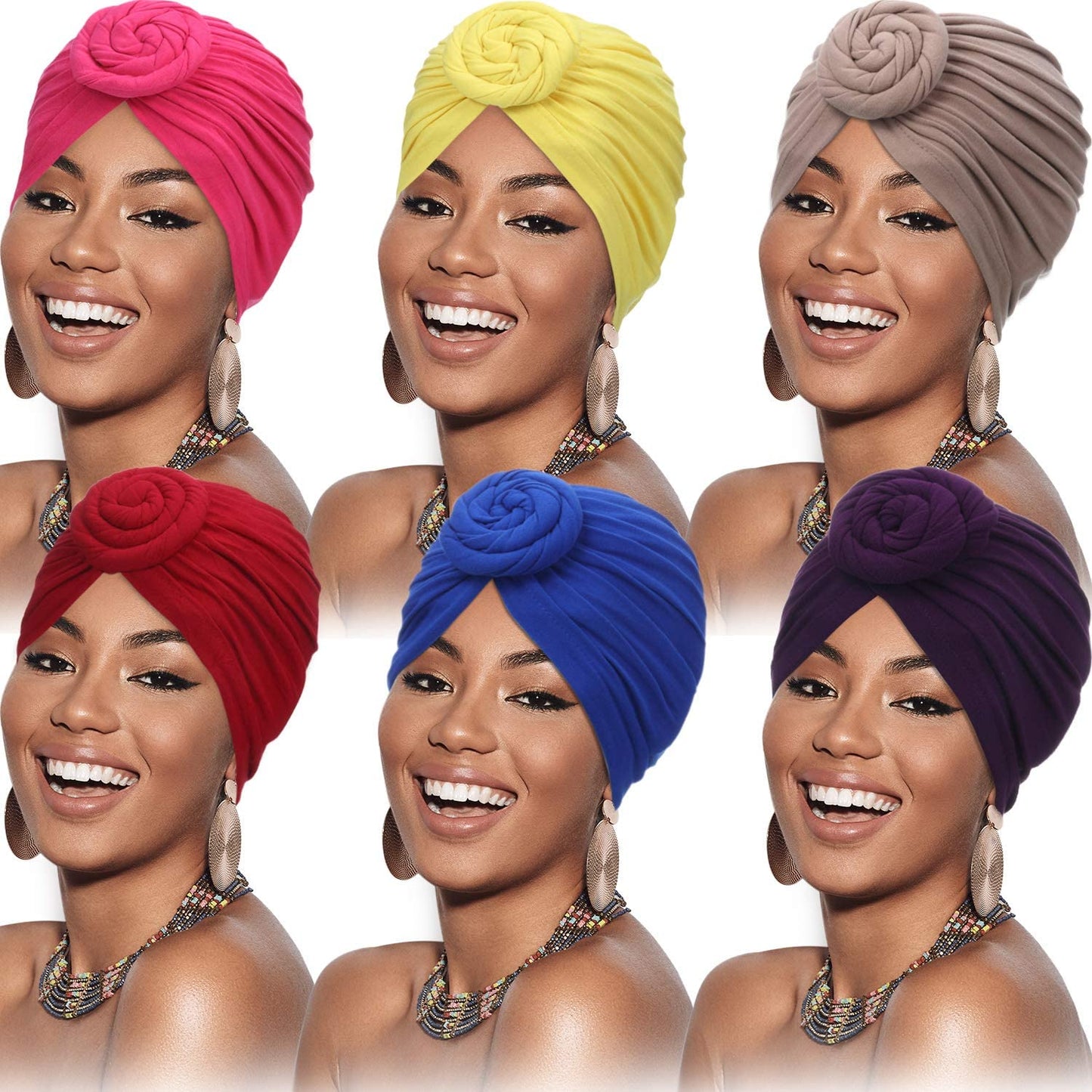 SATINIOR 6 Pieces Women African Turban Flower Knot Pre-Tied Bonnet Beanie Cap Headwrap Apparel & Accessories > Clothing Accessories > Headwear SATINIOR Yellow, Wine Red, Rosy, Purple, Royal-blue, Camel  