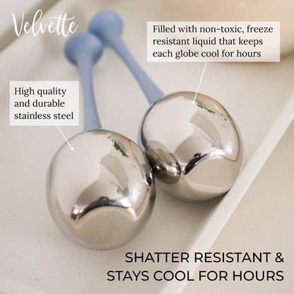 Velvette Ice Globes for Face. Unbreakable Stainless Steel Metal Cryo Sticks for Face Massage. Cooling Ice Roller Massager Face Massage Tools for Depuffing Eyes. (2) Ice Facial Wands with Storage Case Health & Beauty > Personal Care > Cosmetics > Cosmetic Tools > Skin Care Tools Velvette   