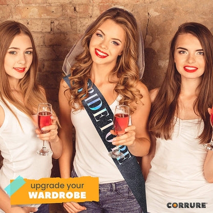 CORRURE 'Bride to Be' Sash for Bachelorette Party - Bridal Shower Black Glitter Sash with Multicolor Foil Lettering - Hen Party Decorations Supplies Accessories, Wedding Engagement Party Favors Gift Apparel & Accessories > Clothing Accessories > Sashes CORRURE   