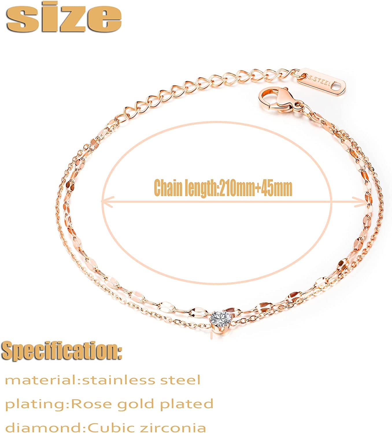 DS Simple Charm Anklet for Women Girls，14K Rose Gold Plating Beach Dainty Cute Tiny Adjustable Stainless Steel Ankle Bracelets Personalized Foot Chain Jewelry Gifts for Mom Wife Girlfriend ) Apparel & Accessories > Jewelry > Anklets DS   