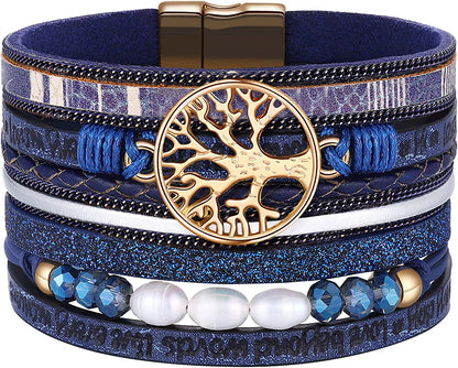 Inspirational Tree of Life Leather Bracelets for Women,Birthday Christmas Mothers Day Jewelry Gifts for Teen Girls Apparel & Accessories > Jewelry > Bracelets AURGTTCG 04-Blue  