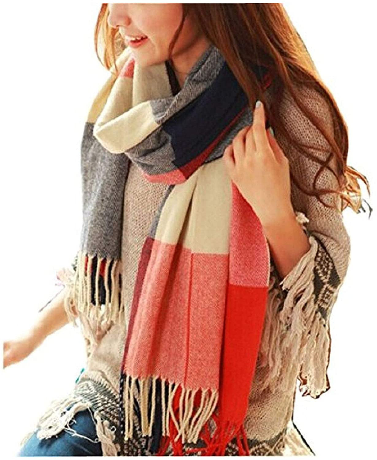 Loritta Womens Scarf Fashion Long Plaid Shawls Wraps Big Grid Winter Warm Lattice Large Scarves Gifts Apparel & Accessories > Clothing Accessories > Scarves & Shawls Loritta A- Red Navy Lattice  