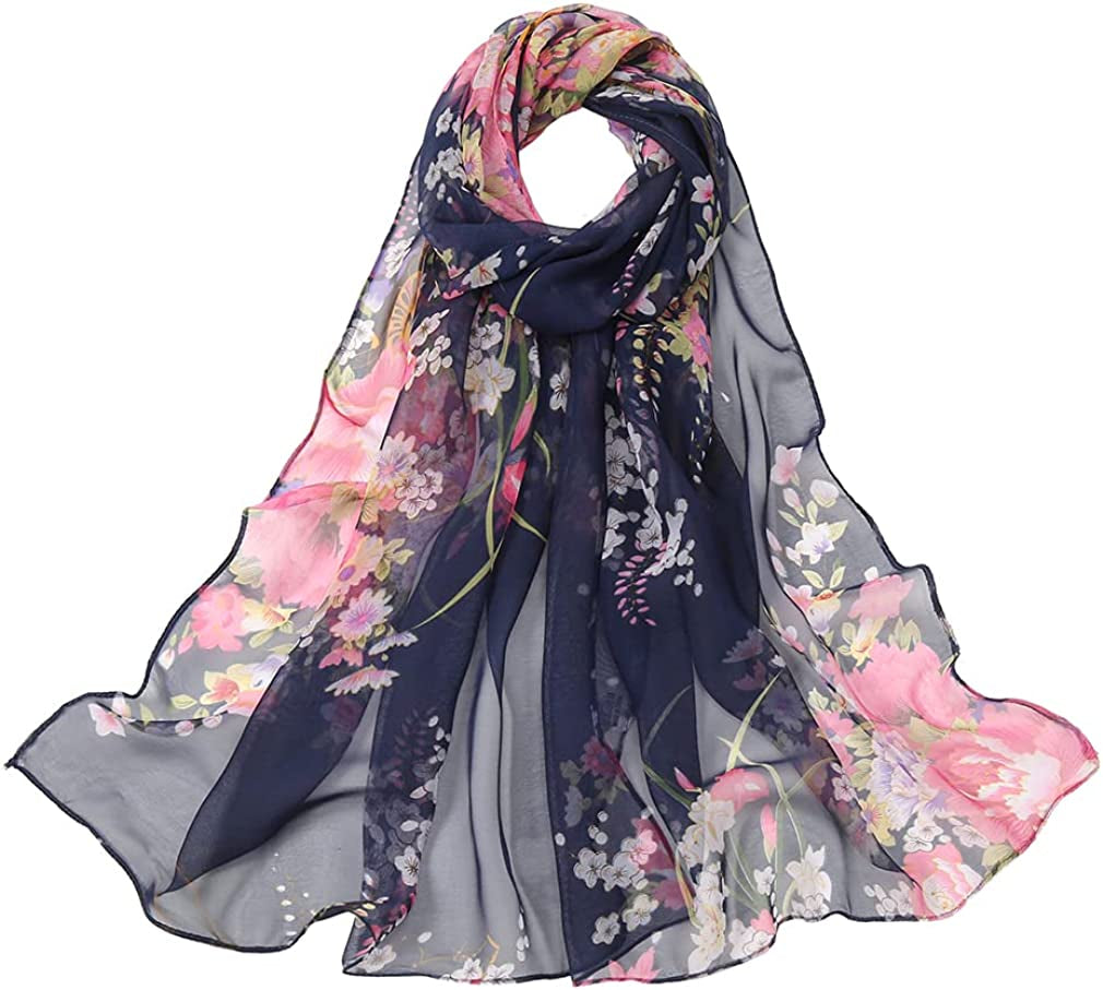 LMVERNA Chiffon Flower Scarf Women'S Floral Scarves Printe Chiffon Scarf Polka Dot Shawls Long Scarf Wrap Apparel & Accessories > Clothing Accessories > Scarves & Shawls LMVERNA Georgie&navy Blue  
