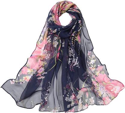 LMVERNA Chiffon Flower Scarf Women'S Floral Scarves Printe Chiffon Scarf Polka Dot Shawls Long Scarf Wrap Apparel & Accessories > Clothing Accessories > Scarves & Shawls LMVERNA Georgie&navy Blue  