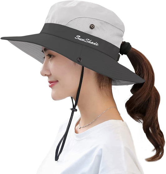 Muryobao Women'S Ponytail Sun Hat UV Protection Foldable Mesh Wide Brim Beach Fishing Hat Apparel & Accessories > Clothing Accessories > Hats Muryobao Beige  