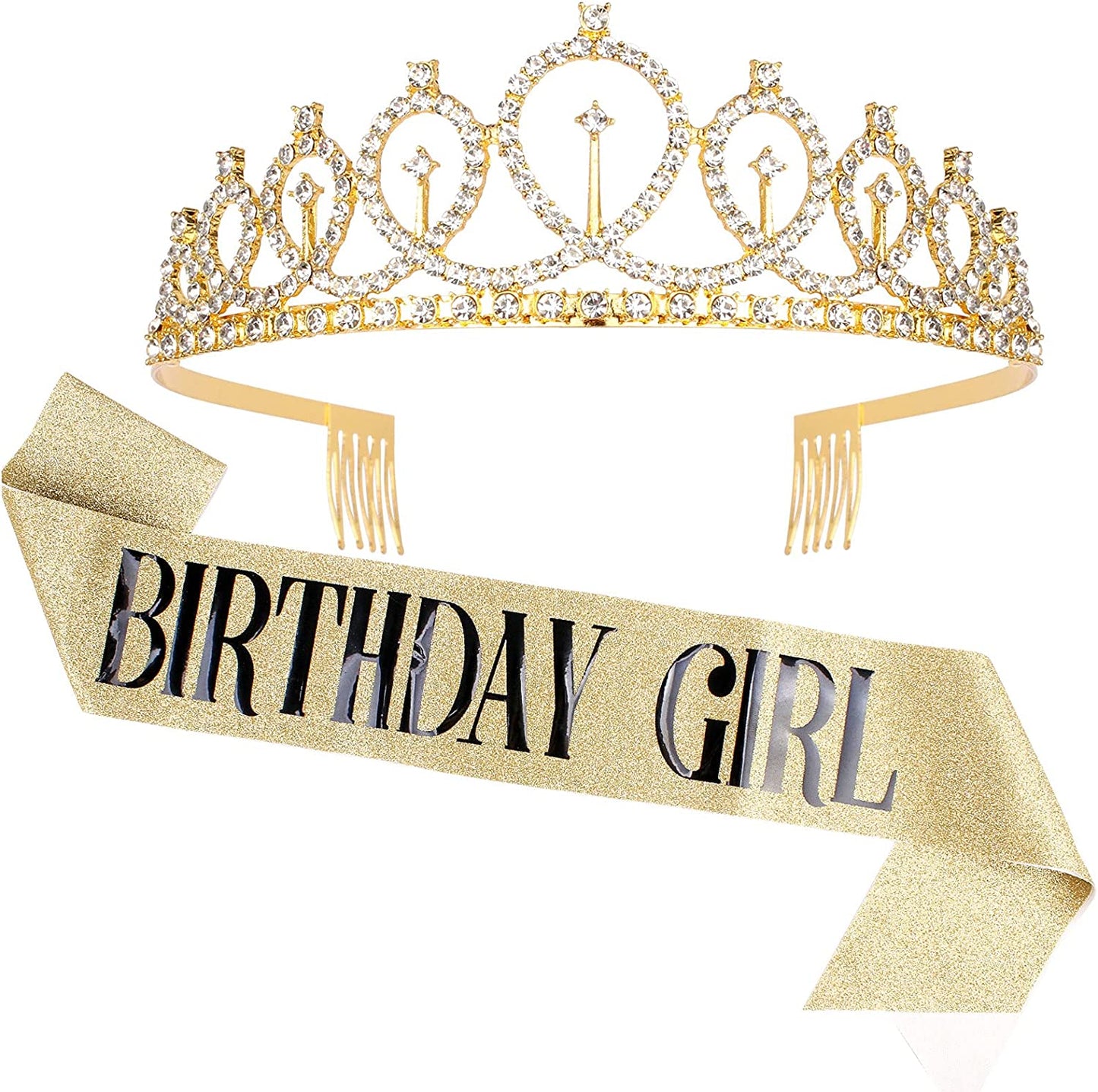 CAVETEE Birthday Crowns for Women Birthday Girl Sash & Rhinestone Tiara Set Birthday Tiaras and Sash for Women Birthday Glitter Birthday Decorations Rose Gold Birthday Girl Crowns Tiaras for Women Apparel & Accessories > Clothing Accessories > Sashes CAVETEE Gold  