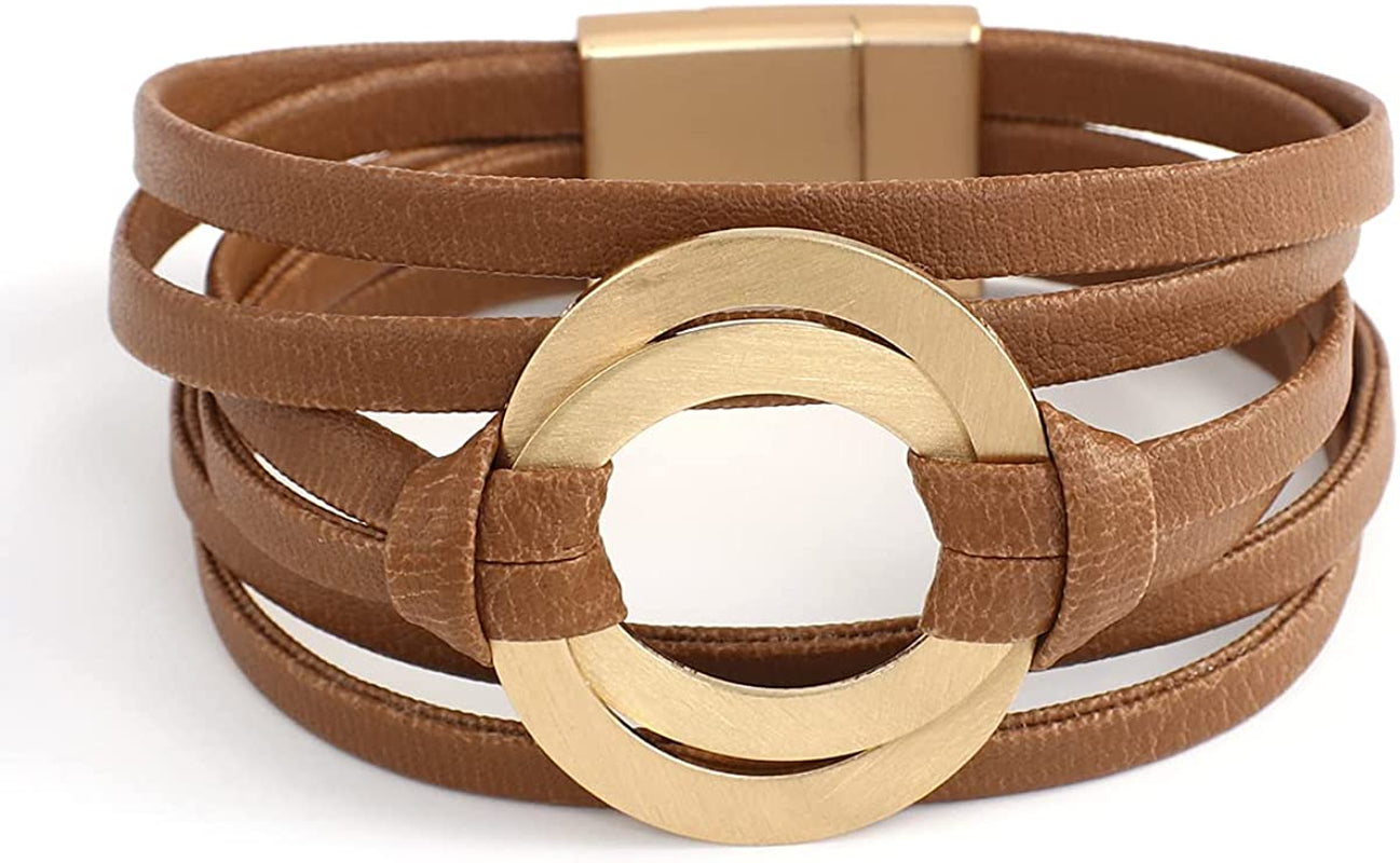 Circle Charm Bracelets for Women Handmade Coffee Leather Wrap Bracelets for Women Teen Girls Bohemian Couples Friendship Bracelet Cuff Bangle with Magnetic Clasp Boho Jewelry Gift for Sisters, Wife and Mother Apparel & Accessories > Jewelry > Bracelets hotoo Coffee  