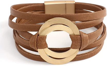 Circle Charm Bracelets for Women Handmade Coffee Leather Wrap Bracelets for Women Teen Girls Bohemian Couples Friendship Bracelet Cuff Bangle with Magnetic Clasp Boho Jewelry Gift for Sisters, Wife and Mother Apparel & Accessories > Jewelry > Bracelets hotoo Coffee  