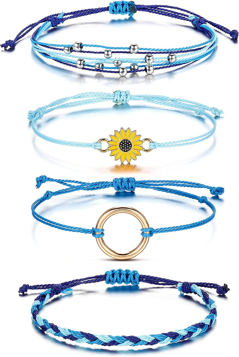 Top Plaza 4 Pcs Summer Surfer Wave Anklet Bracelets for Women Adjustable Strand Braided String Rope Bracelets Sunflower Friendship Bracelets Ocean Beach Jewelry for Women Teen Girls Apparel & Accessories > Jewelry > Anklets Top Plaza Blue -4 Pcs  