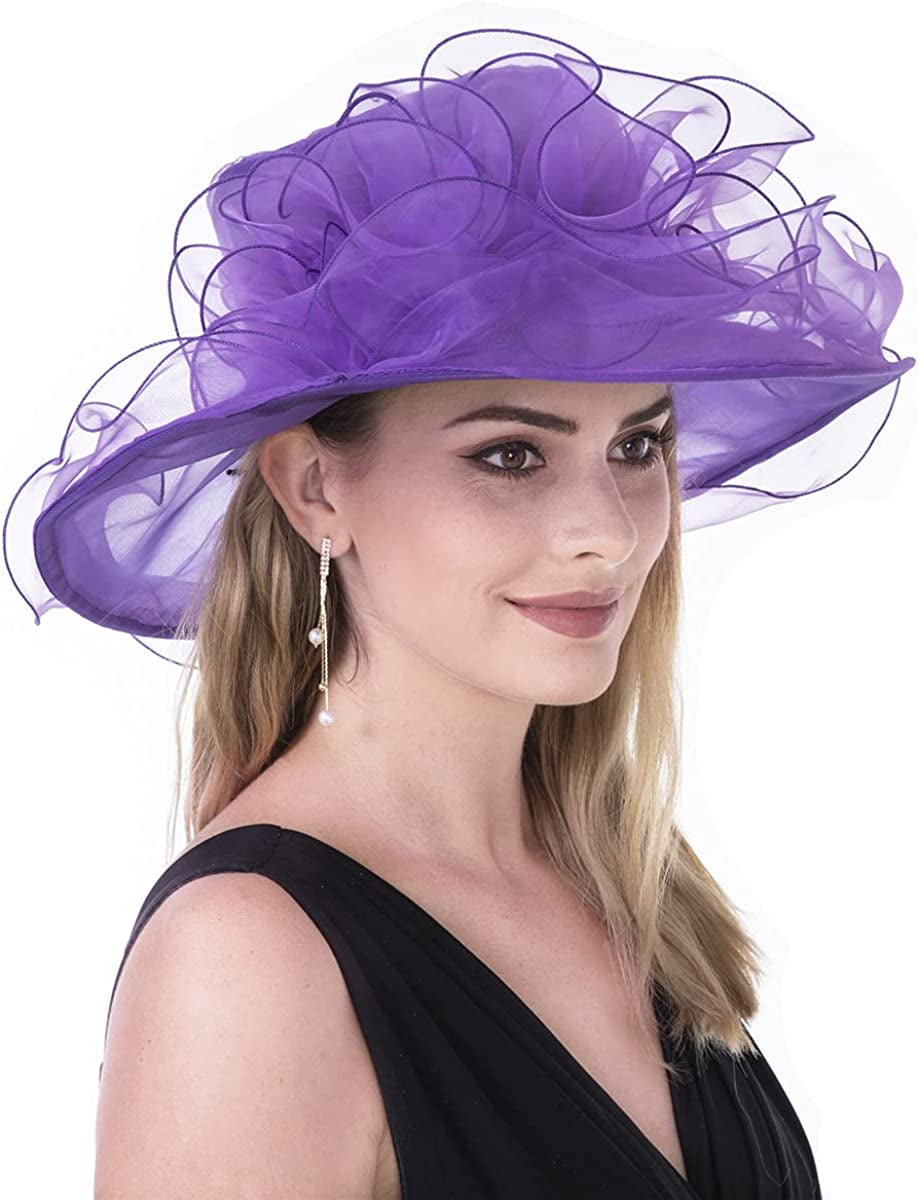 Lucky Leaf Women Kentucky Derby Church Cap Wide Brim Summer Sun Hat for Party Wedding Apparel & Accessories > Clothing Accessories > Headwear Lucky Leaf Nf-purple  