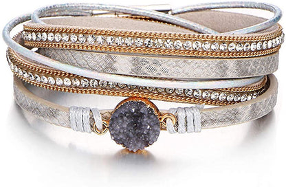 Fesciory Leather Wrap Bracelet for Women, Leopard Multi-Layer Magnetic Buckle Cuff Bracelet Jewelry Apparel & Accessories > Jewelry > Bracelets Fesciory B31-Purple Stone  