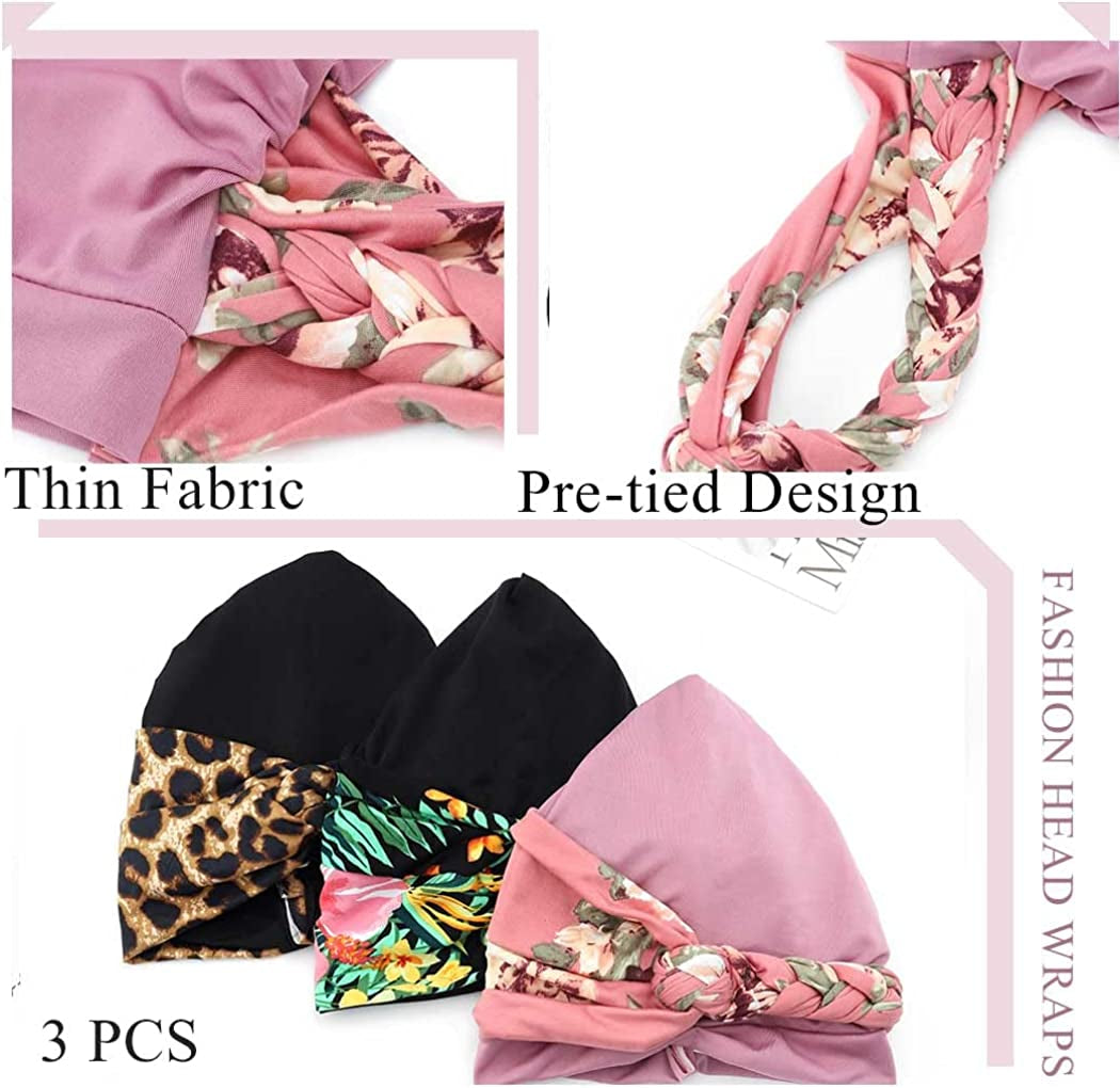Woeoe Women'S African Head Wrap Black Floral Head Turbans Pre-Tied Leopard Print Head Cover Cap Headwear for Women Girls(Pack of 3) Apparel & Accessories > Clothing Accessories > Headwear Woeoe   