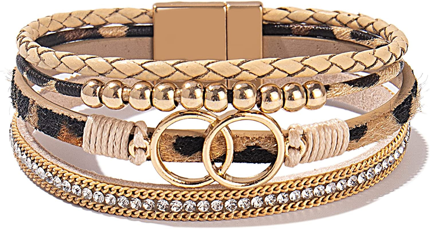 FANCY SHINY Boho Wrap Bracelets Leather Cuff Bangle Gold Beaded Bracelets for Women Stackable Infinity Bracelets Jewelry with Clasp Apparel & Accessories > Jewelry > Bracelets FANCY SHINY Leopard  