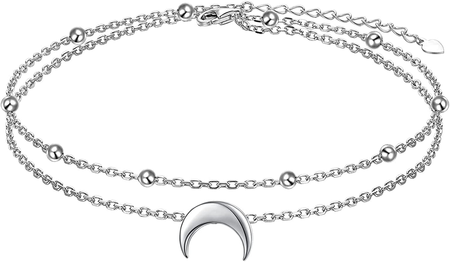 Star Moon Layered Anklet 925 Sterling Silver Sunflower Anklets for Women Girls Adjustable Beads Crescent Ankle Bracelet Boho Beach Foot Chain 9+1.5 Inch Charm Jewelry Birthday Gifts Apparel & Accessories > Jewelry > Anklets SilverSea Jewelry Moon  