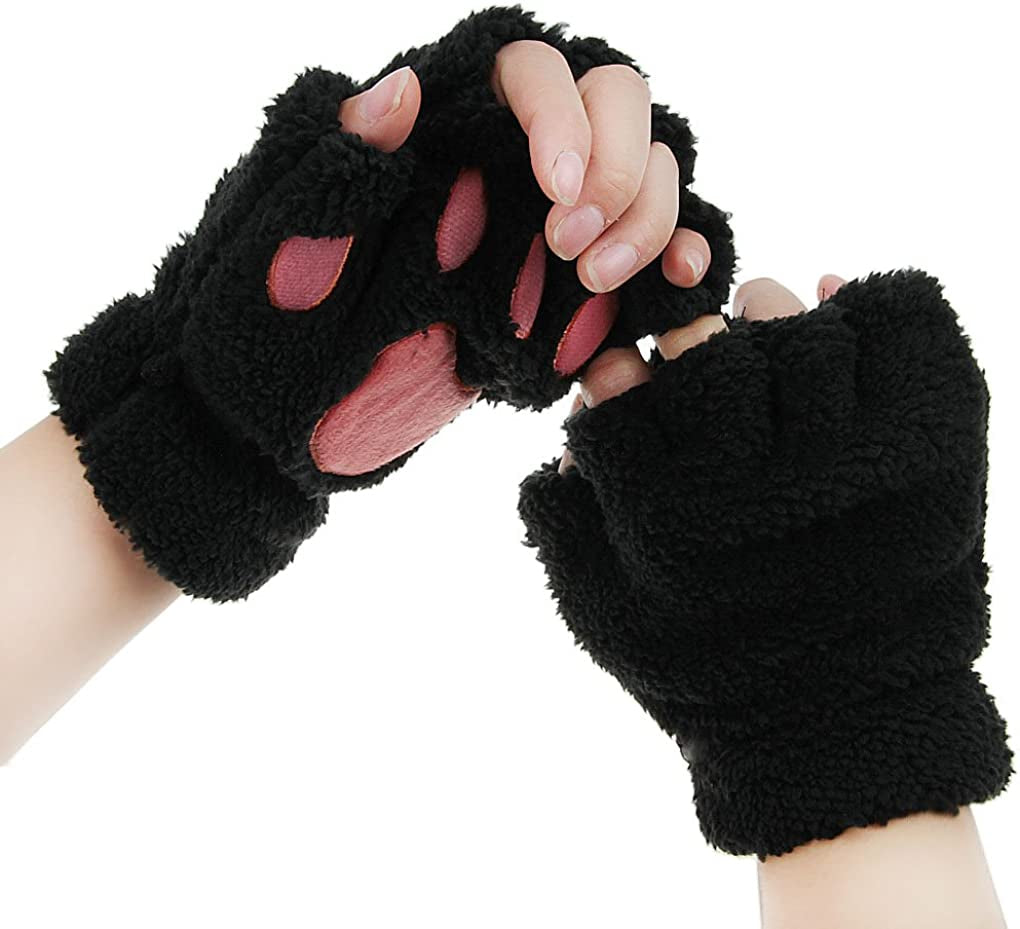 Fakeface Cute Cat Kitten Paw Fingerless Faux Fur Plush Gloves for Girls Women Apparel & Accessories > Clothing Accessories > Gloves & Mittens FakeFace Black  