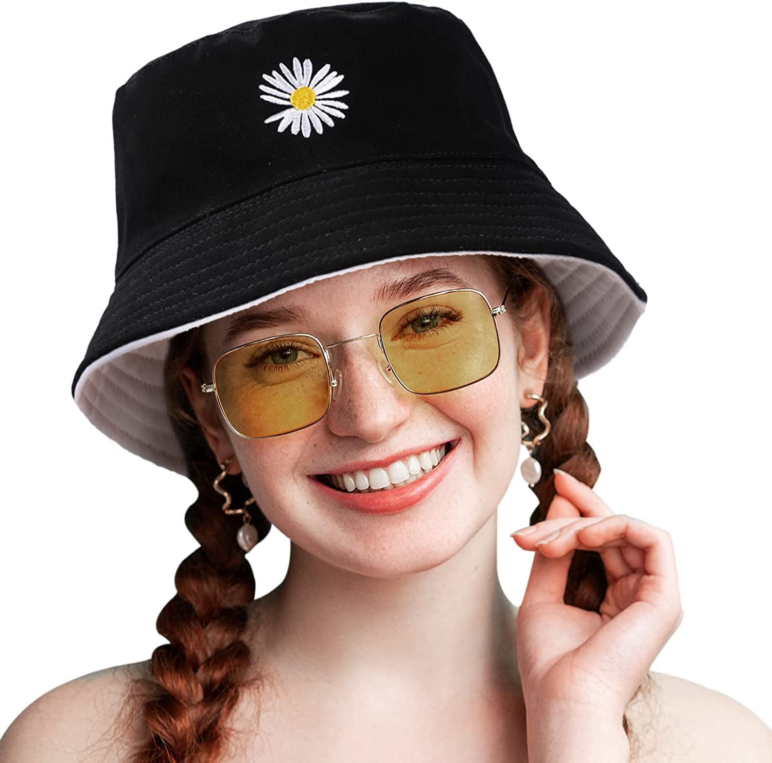 Bucket Hat - Unisex Black Bucket Hat for Women, Travel Beach Fisherman Summer Cap, Sun Protection Windproof Beach Bucket Hats for Men Teens Kids, Flower Embroidery Apparel & Accessories > Clothing Accessories > Hats clubone   