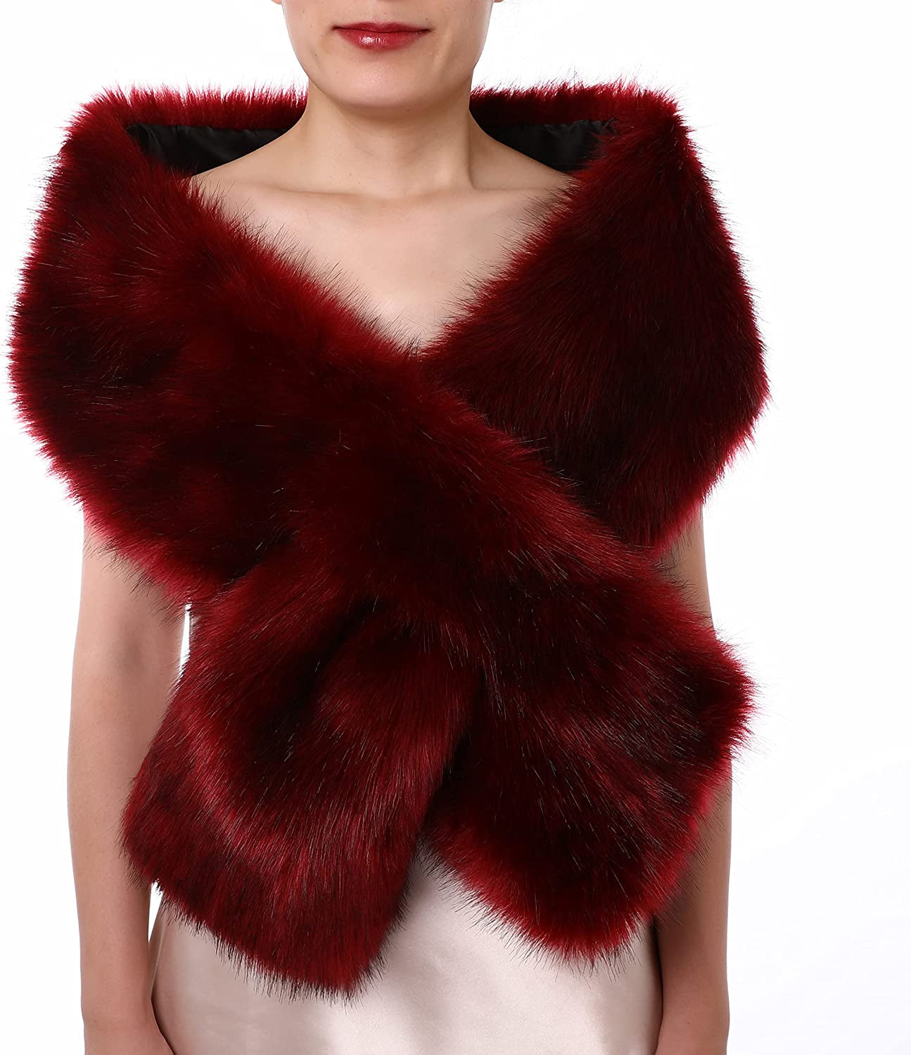 Dikoaina Women'S Winter Fake Faux Fur Scarf Wrap Collar Shawl Shrug Apparel & Accessories > Clothing Accessories > Scarves & Shawls Dikoaina Wine Red 63"/160cm 