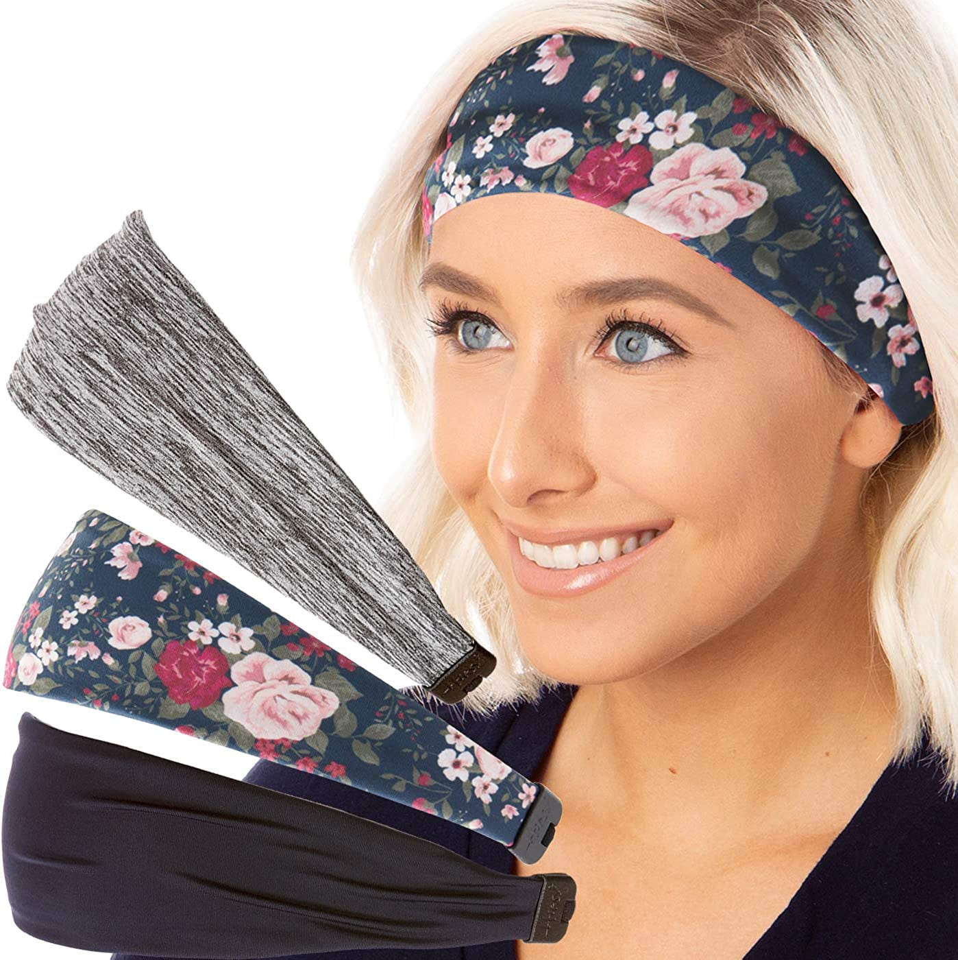 Hipsy Adjustable & Stretchy Printed Xflex Wide Headbands for Women Girls & Teens Apparel & Accessories > Clothing Accessories > Bandanas & Headties Hipsy 3pk Navy/Navy Floral/Grey Xflex  