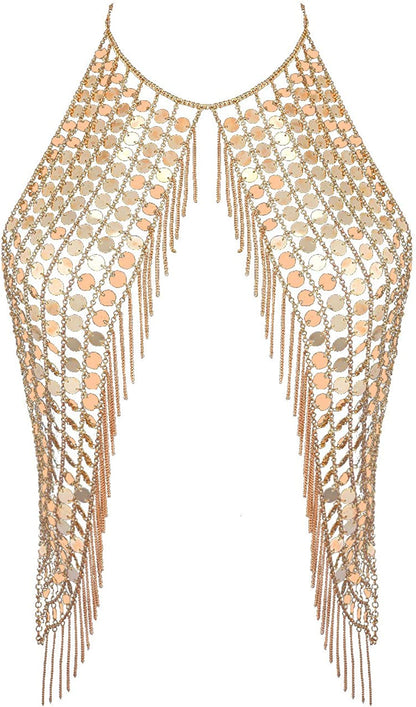 Ingemark Harness Waist Bikini Chain Shirt Bra Body Chain Outfits Bralette for Women Gold Silver Sequin Halter Backless Tank Top Bra Apparel & Accessories > Jewelry > Body Jewelry ZLZL Golden Metal Sequin  
