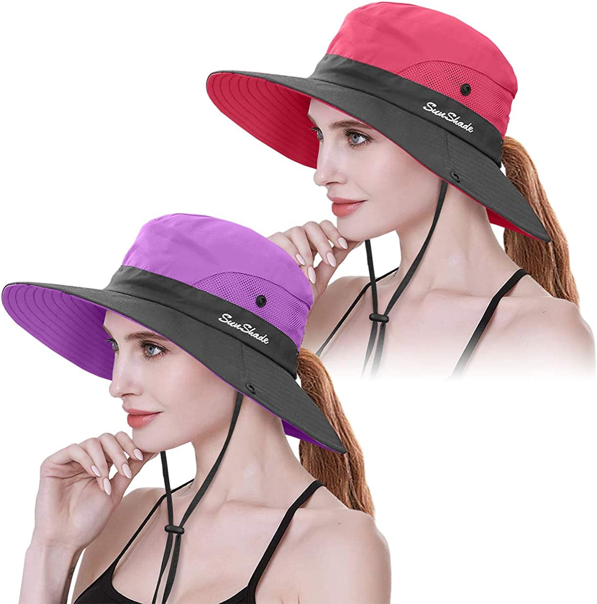 IYEBRAO 2 Pack Womens Ponytail Sun Hat UV Protection Bucket Hats Foldable Wide Brim Summer Boonie Beach Cap Fishing Hiking Apparel & Accessories > Clothing Accessories > Hats 29 IYEBRAO Purple & Watermelon Red  