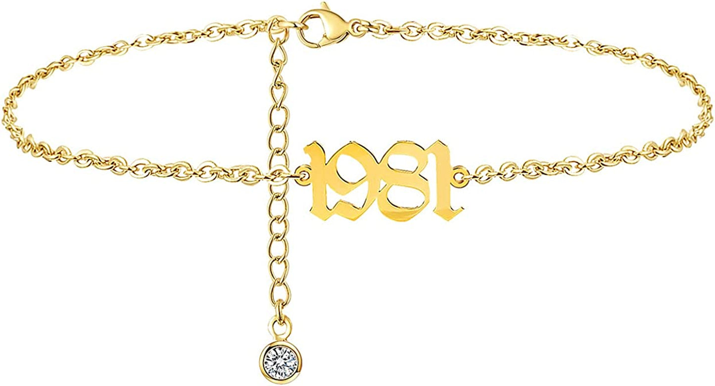 JYUEDA Birth Year Anklet Bracelet for Women,Beach Foot Chain Cute Ankle Bracelet,14K Gold Plated Anklets for Women Teen Girls Apparel & Accessories > Jewelry > Anklets JYUEDA 1981  