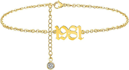 JYUEDA Birth Year Anklet Bracelet for Women,Beach Foot Chain Cute Ankle Bracelet,14K Gold Plated Anklets for Women Teen Girls Apparel & Accessories > Jewelry > Anklets JYUEDA 1981  