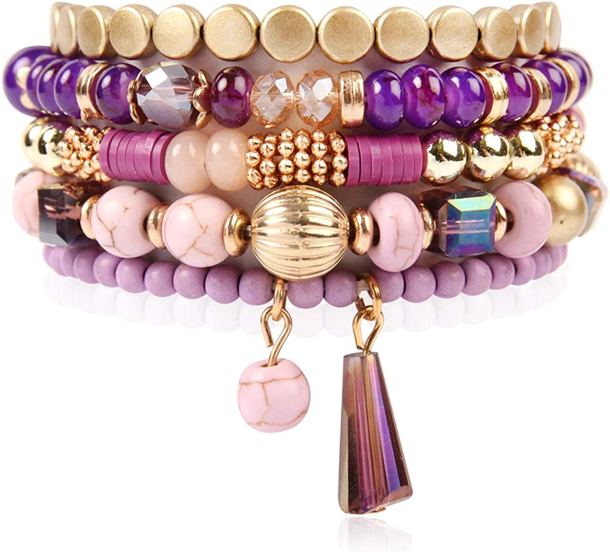 Bohemian Mix Bead Multi Layer Versatile Statement Bracelets - Stackable Beaded Strand Stretch Bangles Sparkly Crystal, Tassel Charm Apparel & Accessories > Jewelry > Bracelets RIAH FASHION Purple  