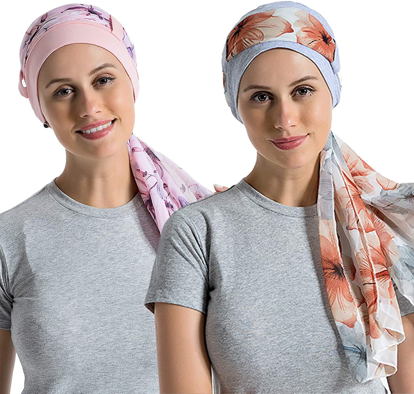 Bamboo Cotton Liner Chemo Headwear for Womenwith Silky Scarfs for Cancer Hair Loss Sleep Caps Beanie Apparel & Accessories > Clothing Accessories > Headwear JarseHera Light Gray+light Pinks One Size 