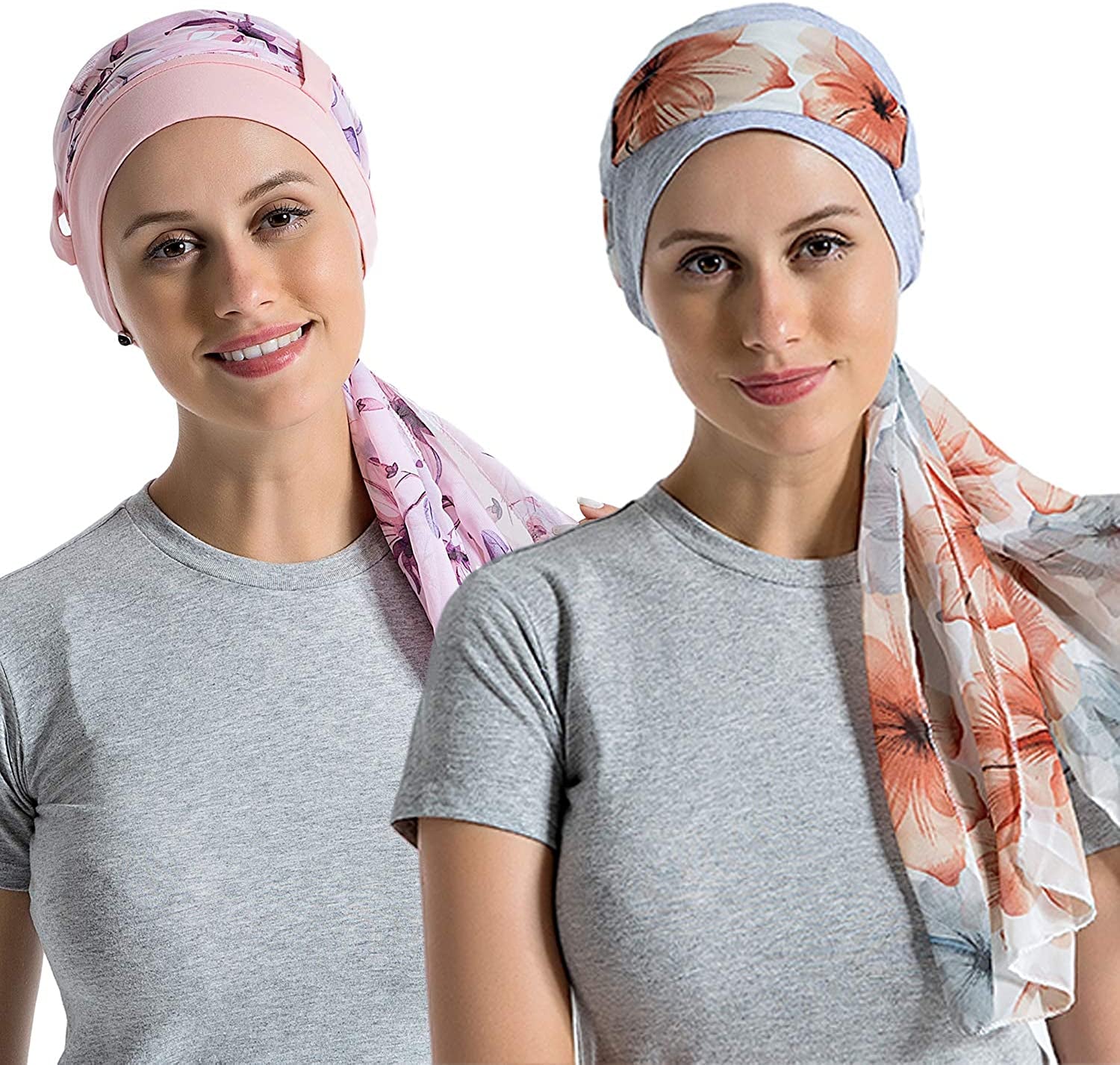 Bamboo Cotton Liner Chemo Headwear for Womenwith Silky Scarfs for Cancer Hair Loss Sleep Caps Beanie Apparel & Accessories > Clothing Accessories > Headwear JarseHera Light Gray+light Pinks One Size 