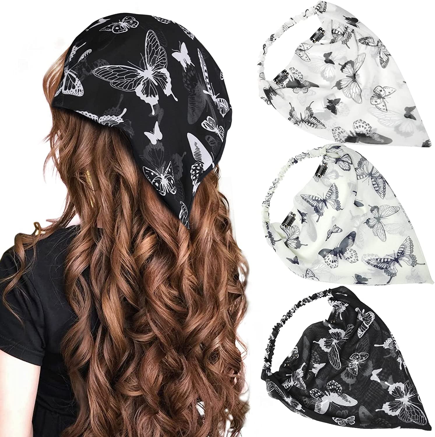 Floral Elastic Hair Scarf Headband - 3 PCS Chiffon Head Kerchief Headband Floral Hair Scarves with Hair Clips Hair Bandanas Apparel & Accessories > Clothing Accessories > Bandanas & Headties AWAYTR Butterfly Print (White/Blue/Black)  