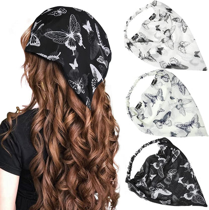 Floral Elastic Hair Scarf Headband - 3 PCS Chiffon Head Kerchief Headband Floral Hair Scarves with Hair Clips Hair Bandanas Apparel & Accessories > Clothing Accessories > Bandanas & Headties AWAYTR Butterfly Print (White/Blue/Black)  