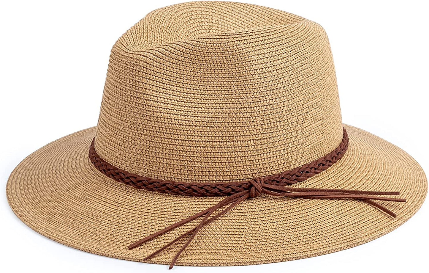 DRESHOW Women Straw Panama Hat Fedora Beach Sun Hat Wide Brim Straw Roll up Hat UPF 50+ Apparel & Accessories > Clothing Accessories > Hats DRESHOW 1 Pack:ac Khaki/Braided Rope  