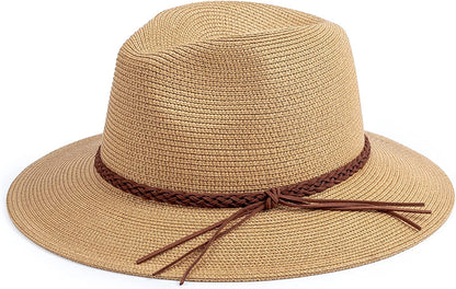 DRESHOW Women Straw Panama Hat Fedora Beach Sun Hat Wide Brim Straw Roll up Hat UPF 50+ Apparel & Accessories > Clothing Accessories > Hats DRESHOW 1 Pack:ac Khaki/Braided Rope  