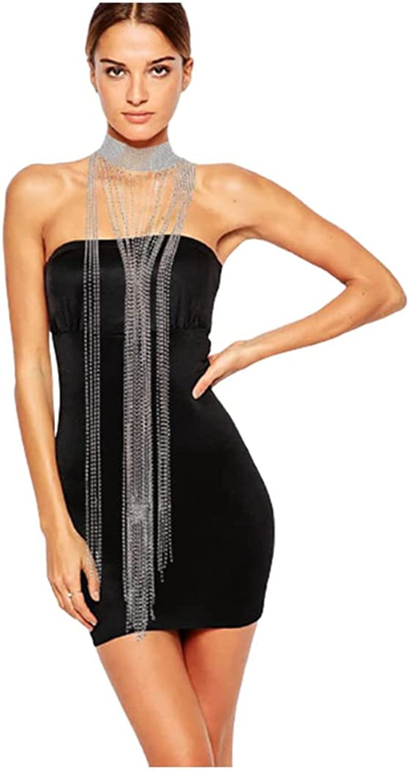 Fstrend Women Rhinestone Choker Long Tassel Necklaces Sparkly Crystal Collar Necklace Fashion Statement Party Festival Body Accessories Jewelry Chain Apparel & Accessories > Jewelry > Necklaces Fstrend Champagne  