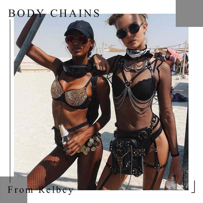 Relbcy Punk Layered Belly Waist Chain Harness Black Leather Body Chains Rave Body Jewelry Nightclub Accessories for Women and Girls Apparel & Accessories > Jewelry > Body Jewelry RELBCY   