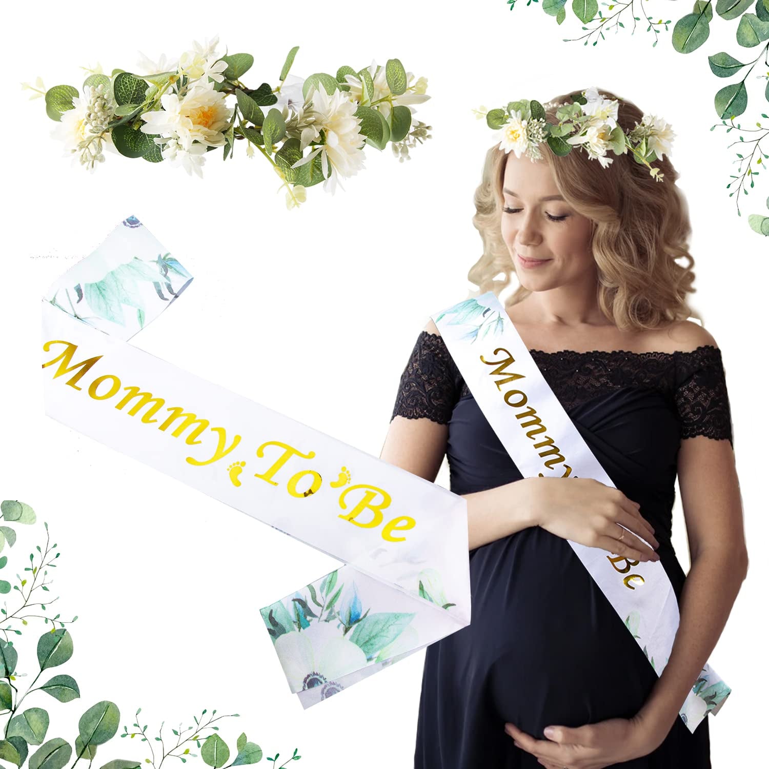 Maternity Sash and Crown Set Eucalyptus Mommy to Be Eucalyptus Floral Crown for Women Baby Shower Photo Prop Maternity Gift Ideas Gender Neutral Baby Shower Decorations Eucalyptus Baby Shower Favors Apparel & Accessories > Clothing Accessories > Sashes XHGYMI   