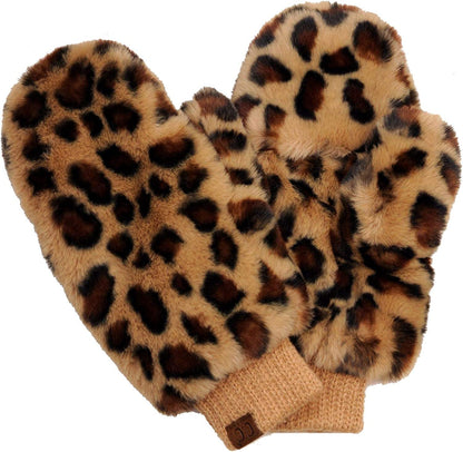 C.C Women'S Faux Fur Wrist Length Fingerless Sherpa Lined Convertible Mittens Gloves Apparel & Accessories > Clothing Accessories > Gloves & Mittens C.C Leopard Print, Latte  