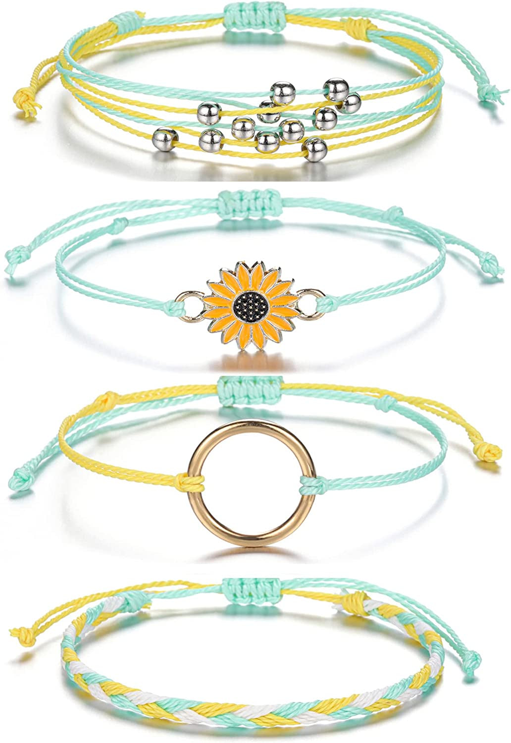 Top Plaza 4 Pcs Summer Surfer Wave Anklet Bracelets for Women Adjustable Strand Braided String Rope Bracelets Sunflower Friendship Bracelets Ocean Beach Jewelry for Women Teen Girls Apparel & Accessories > Jewelry > Anklets Top Plaza Yellow Green -4 Pcs  