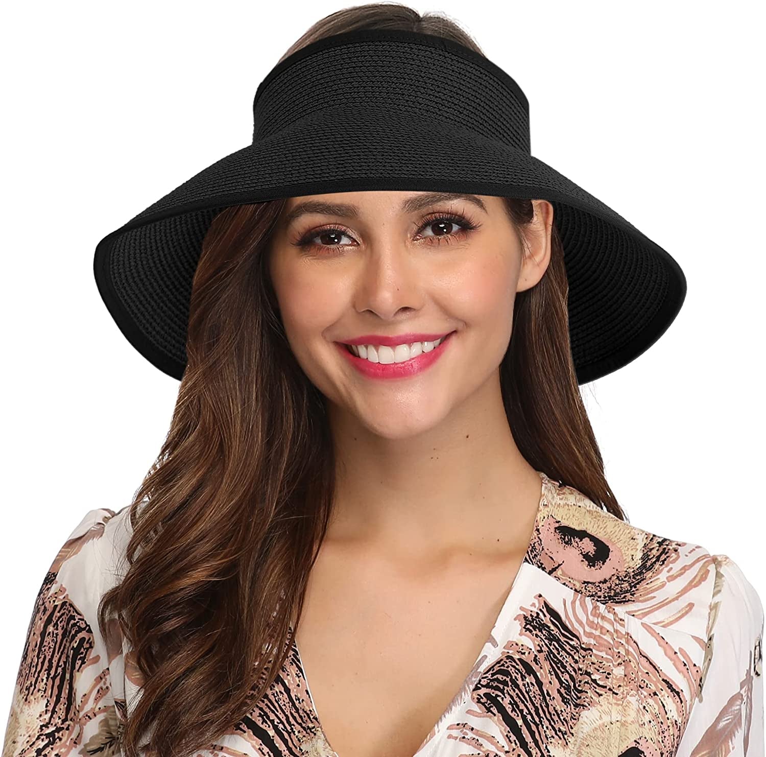 Lanzom Women Packable Hat Sun Visor Hats Wide Brim Straw Roll up Ponytail Summer Beach Hat UPF 50 Apparel & Accessories > Clothing Accessories > Hats Lanzom Black One Size 