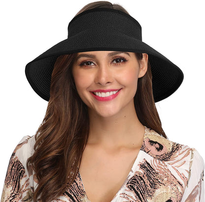 Lanzom Women Packable Hat Sun Visor Hats Wide Brim Straw Roll up Ponytail Summer Beach Hat UPF 50 Apparel & Accessories > Clothing Accessories > Hats Lanzom Black One Size 