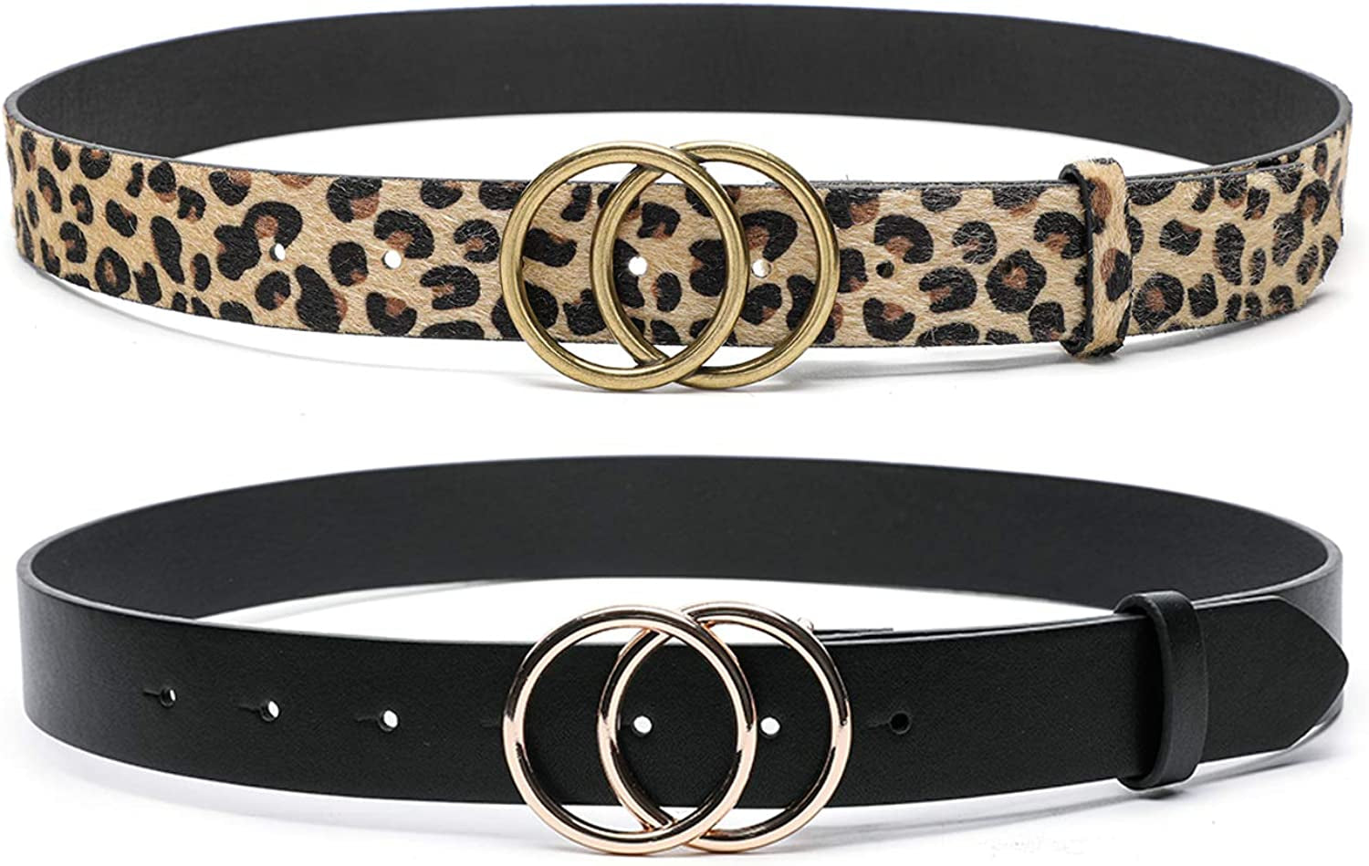 MORELESS 3 Pack Women'S Faux Leather Belts for Jeans Dress Pants, Fashion Waist Belts with Double O-Ring Buckle Apparel & Accessories > Clothing Accessories > Belts MORELESS Black+leopard Suit waistline 34"-37" 